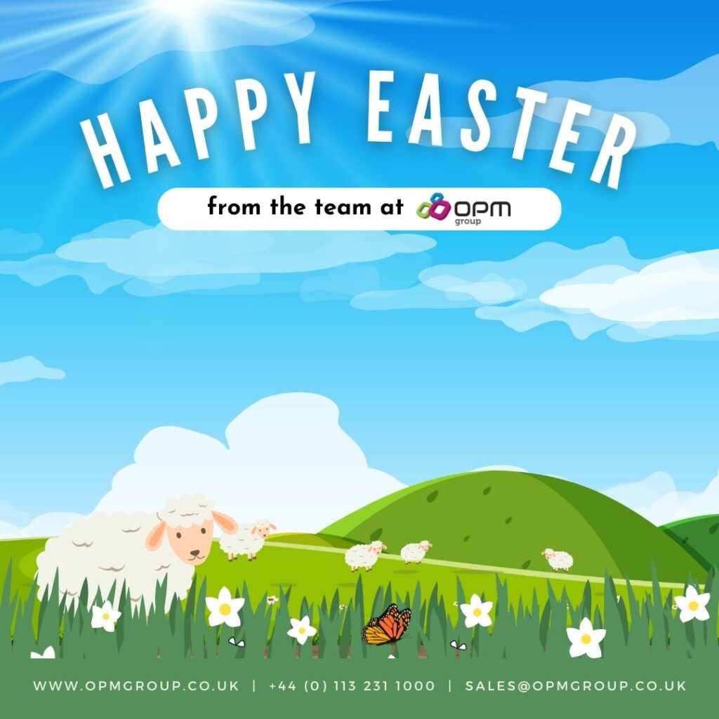 Happy Easter from the team at OPM Group! cartoon images of sheep skipping across a field. followed by OPM Group's contact details. www.opmgroup.co.uk, +44 (0) 113 231 1000, sales@opmgroup.co.uk