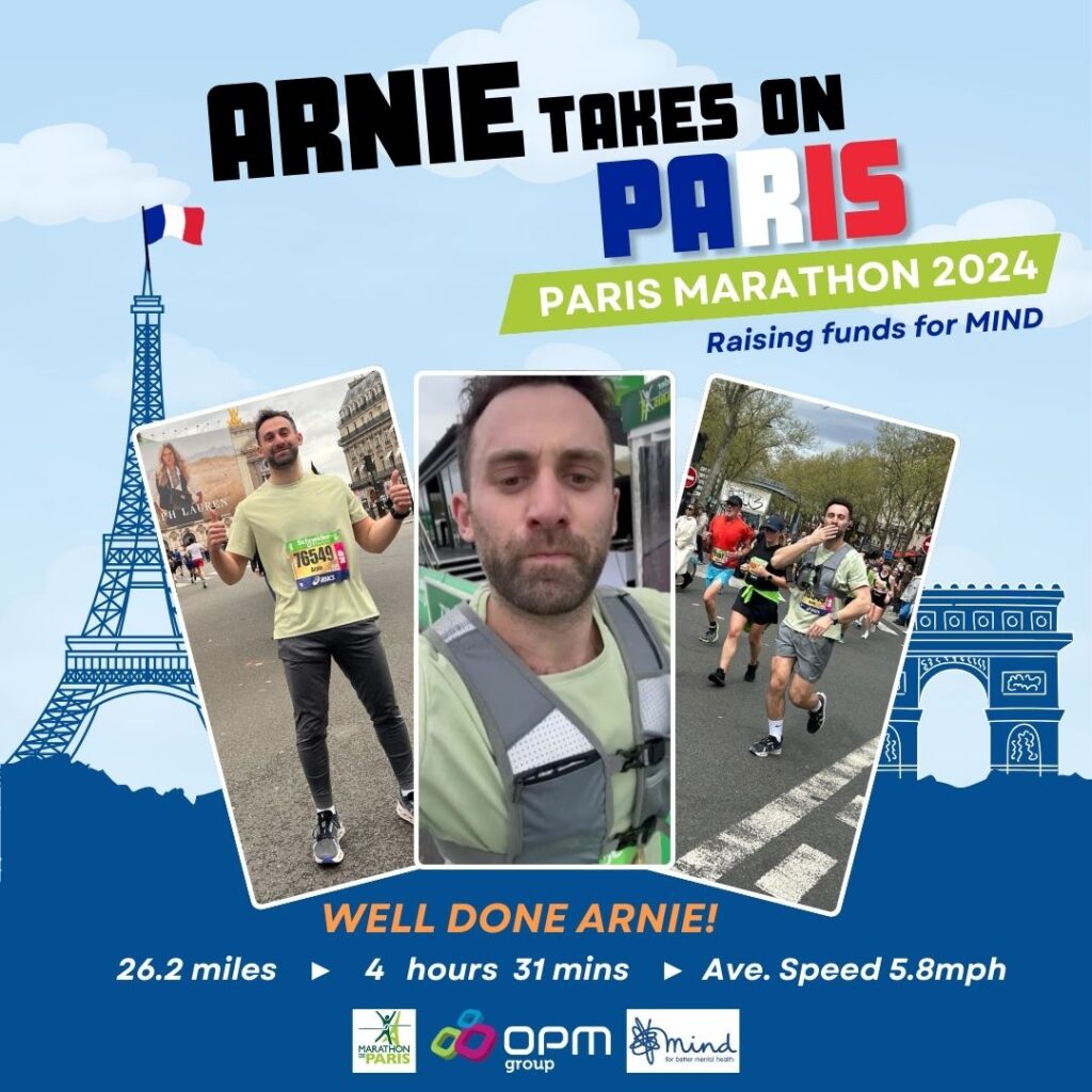 Cartoon imagery of the Eiffel Tower, and Arc De Triomphe in navy blue. With 3 silhouettes running towards a marathon finishing line. Three polaroid pictures. Two of them are images of Arnie. One of him running, and one of him standing still. The third polaroid is a video of him running across the finish line. The Text reads, 'Arnie take on Paris, Paris Marathon 2024. Raising funds for MIND. 26.2 miles, 4 hours 31 minutes. Average Speed 5.8 mph. There is then the Paris Marathon Logo, OPM Group Logo and Mind Logo. www,opmgroup.co.uk