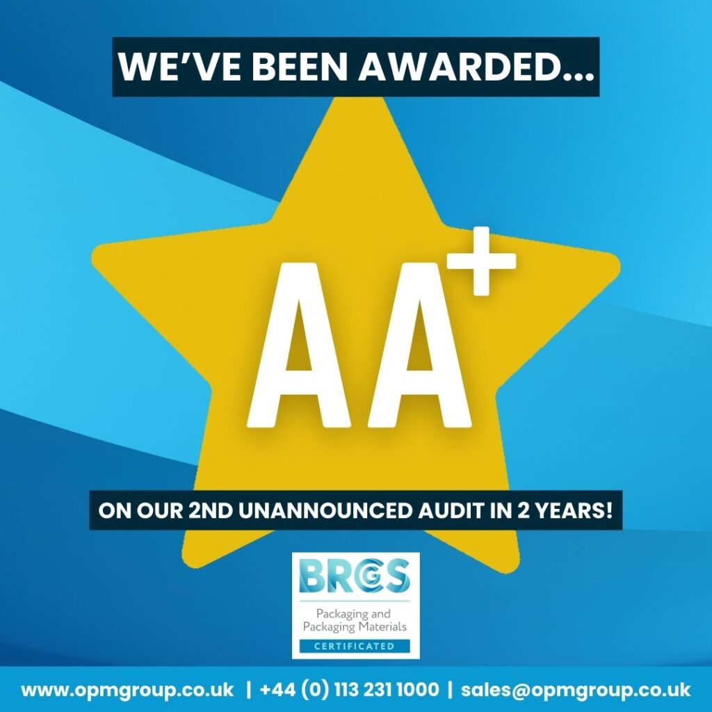 A GIF with a blue background, and a rotating gold star.The text reads ' We've been awarded AA+ on our second unannounced audit! For the 2nd year in a row!'There is then an image of the BRCGS packaging and packaging materials certificated emblem and the contact details for OPM Group 'www.opmgroup.co.uk, +44 (0) 113 231 1000 and sales@opmgroup.co.uk'