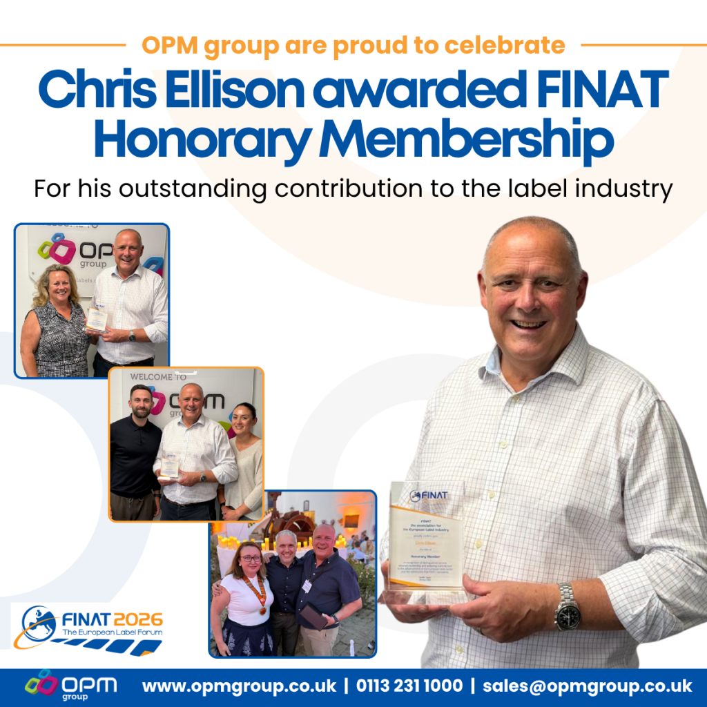 A graphic which shows a picture of Chris Ellison from OPM Group holding his FINAT Honorary Membership award. There are 3 smaller images showing: - Chris Ellison & Susan Ellison holding the trophy in front of an OPM Group sign. - Chris Ellison, Charlotte Ellison and Arnie Ellison holding the FINAT Honorary Membership trophy infront of the OPM Group sign. - Chris with Dana Kilárska, FINAT president