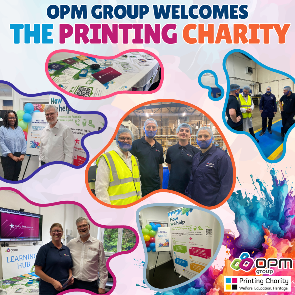 The graphic is a vibrant, collage-style visual promoting OPM Group welcoming The Printing Charity to its Leeds site as part of a print industry roadshow. At the top, bold, colourful headline text reads “OPM Group Welcomes The Printing Charity,” immediately setting the context. The background features soft abstract shapes, while bright paint-splash effects in the corner reflect a creative, print-inspired theme. Across the design, several rounded, brightly outlined shapes contain photographs from the visit, including a table displaying The Printing Charity’s leaflets & brochures, a shop floor tour inside OPM's production environment where Gary Giles and OPM's staff wear PPE and safety clothing stand beside Nilpeter Presses, and a group photo of team members positioned in front of industrial print equipment. Additional images show a charity display board titled “How we help,” positioned outside OPM's training room. In the bottom corner both the OPM Group's and The Printing Charity logo.