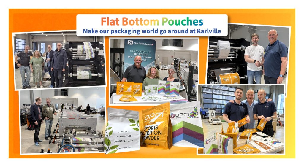 A collage showing flat bottom pouch manufacturing at Karlville Swiss, including pouch making machines, printed OPM pouches and team members reviewing packaging samples