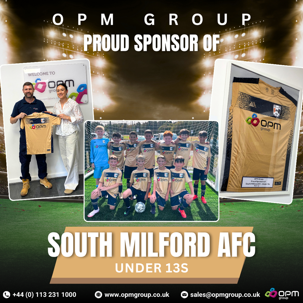 Promotional graphic showcasing OPM Group as a proud sponsor of South Milford AFC Under 13s. The image features a youth football team wearing gold OPM Group-sponsored kits on a football pitch, a presentation photograph of the sponsored shirt being held by Charlotte Ellison and Daz Horsfield, and a framed South Milford AFC Under 13s football jersey displaying the OPM Group logo. Stadium-style lighting and branding emphasise OPM Group’s support for grassroots football, youth sports sponsorship, community engagement, and local football development in Yorkshire. www.opmgroup.co.uk 0113 231 1000 sales@opmgroup.co.uk